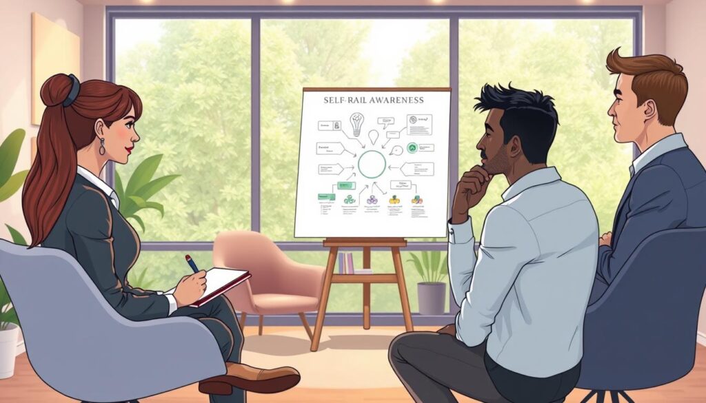 A diverse group of professionals in a warm meeting room reflecting together, a calm garden visible through the window