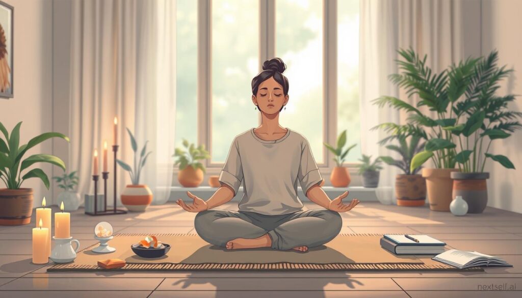 A calm indoor scene of a person sitting cross-legged in mindful meditation, warm light through a window